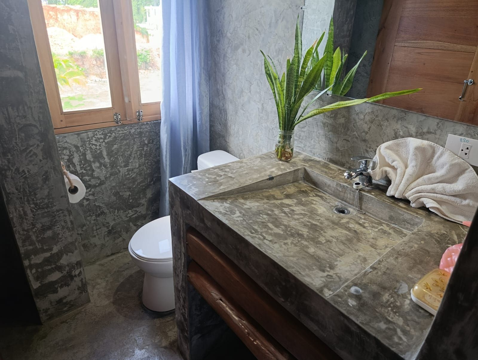 Bathroom with a concrete sink and walls, toilet, and a window with plants.