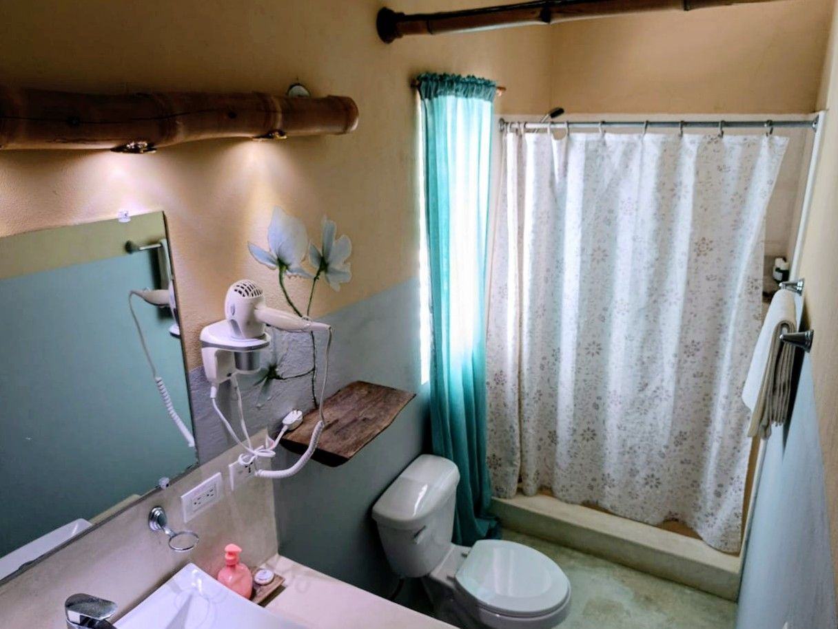 Bathroom with a white toilet, shower, and sink. Turquoise and light beige walls.
