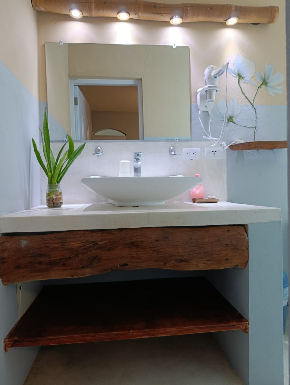 Bathroom vanity with vessel sink, mirror, wooden shelf, aloe vera plant, and decorative flowers.