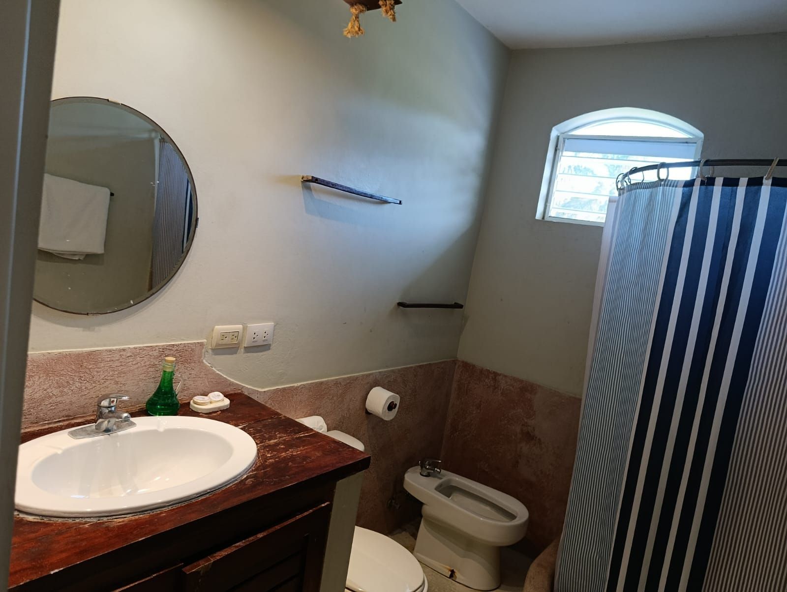 Bathroom with a sink, toilet, bidet, and shower. Gray walls, a round mirror, and a striped shower curtain.