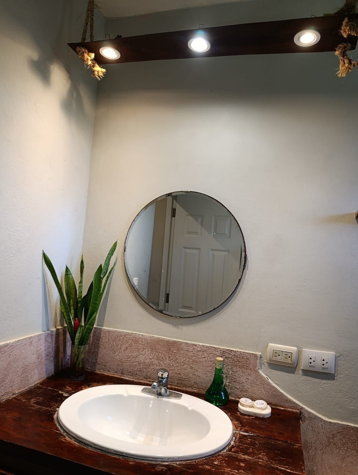 Bathroom with a round mirror above a sink on a speckled countertop. Plants are in a vase. Light blue walls.
