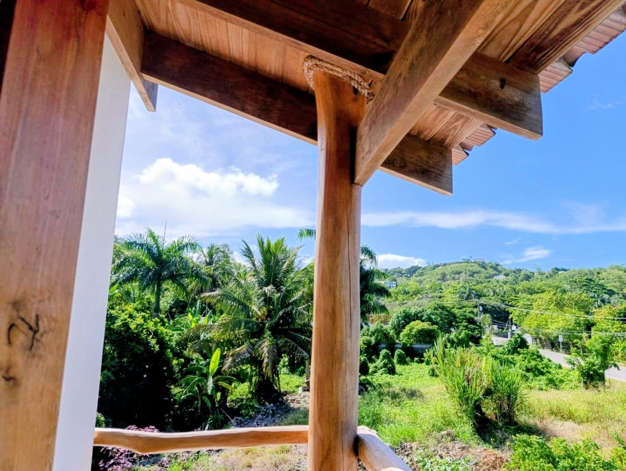 Balcony view of lush green trees, blue sky, wooden beams and posts.