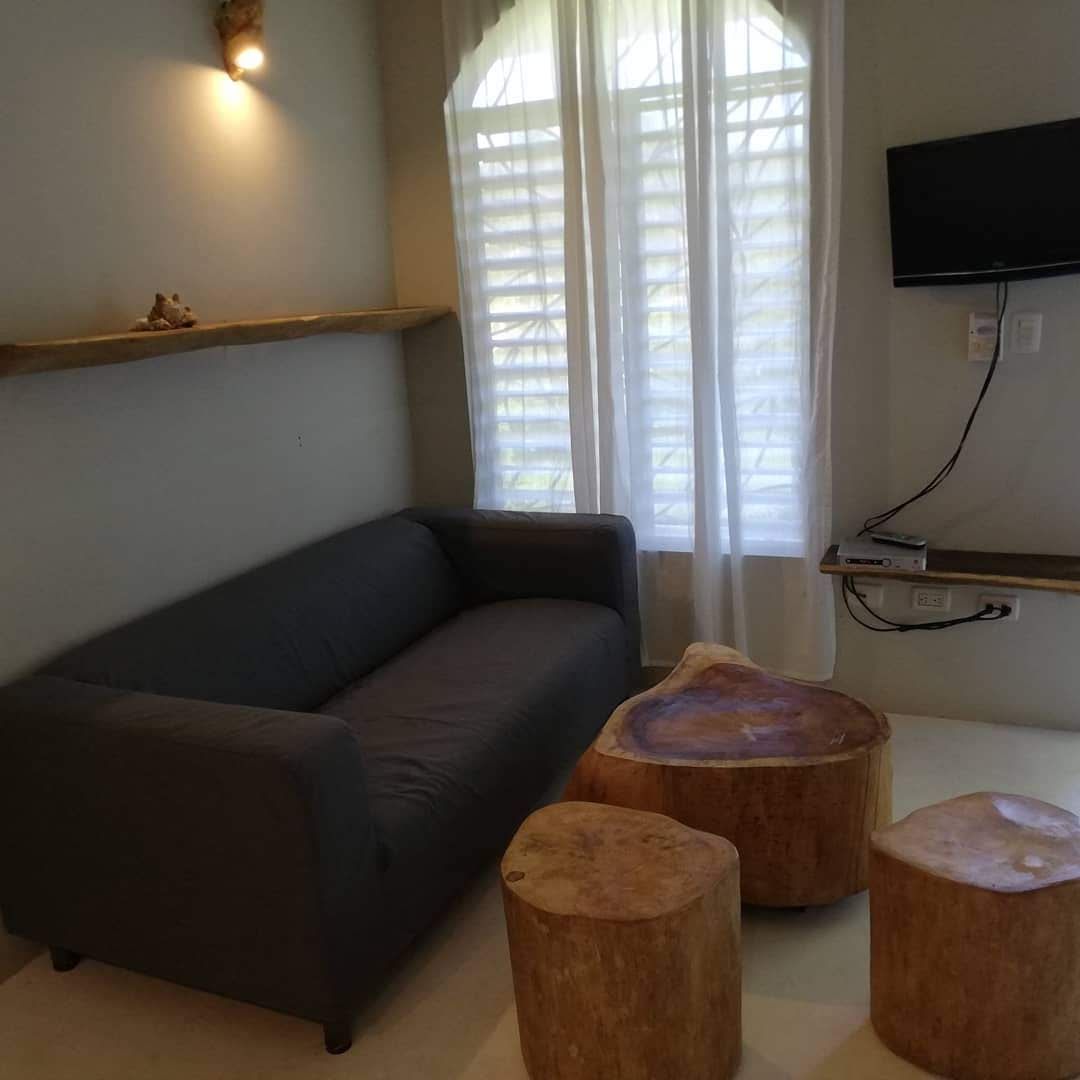 A gray couch in a living room with wooden tree stump tables, a window, and a wall-mounted TV.