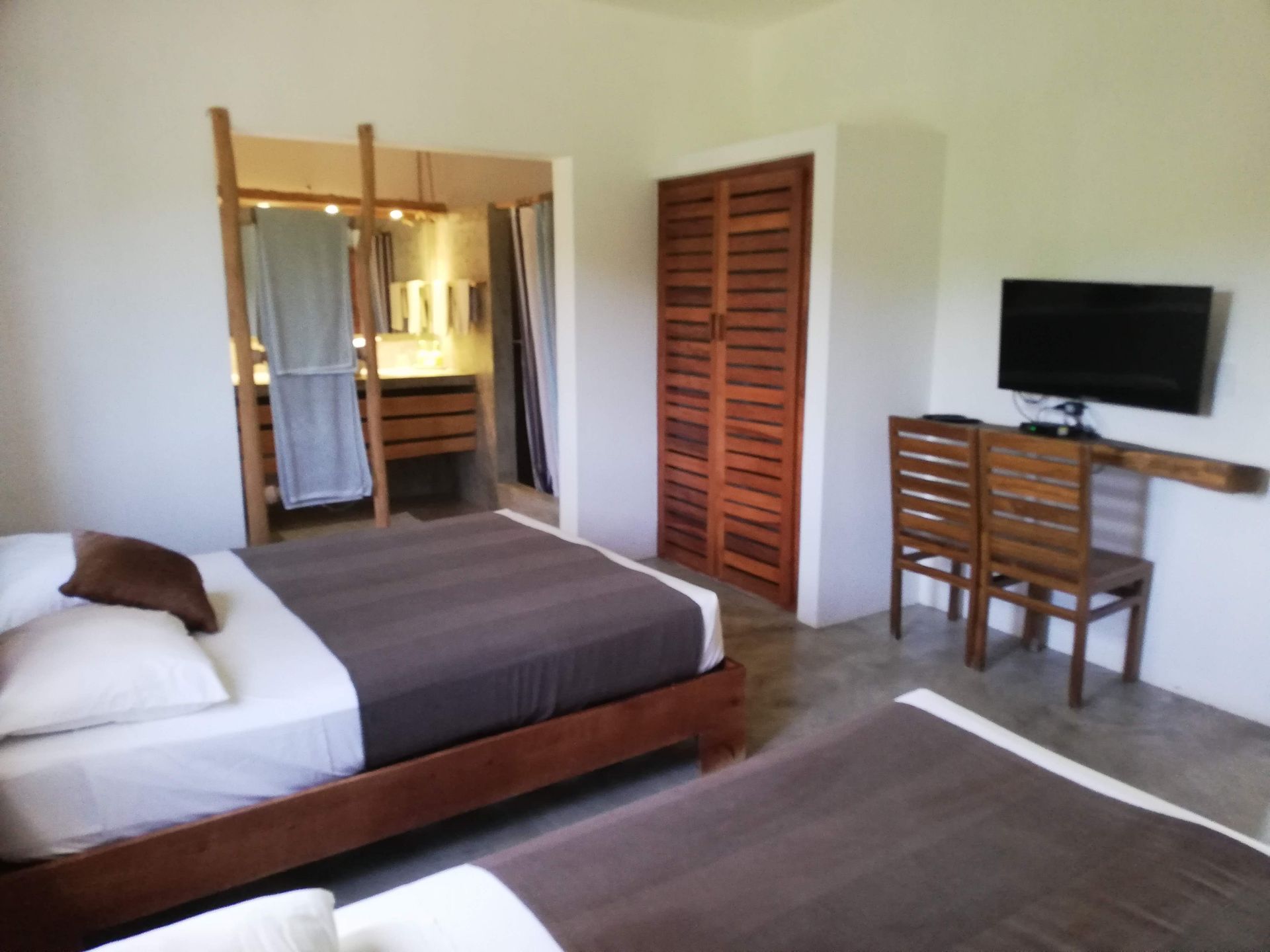 Bedroom with two brown-covered beds, a wooden closet, a bathroom, and a TV on the wall.