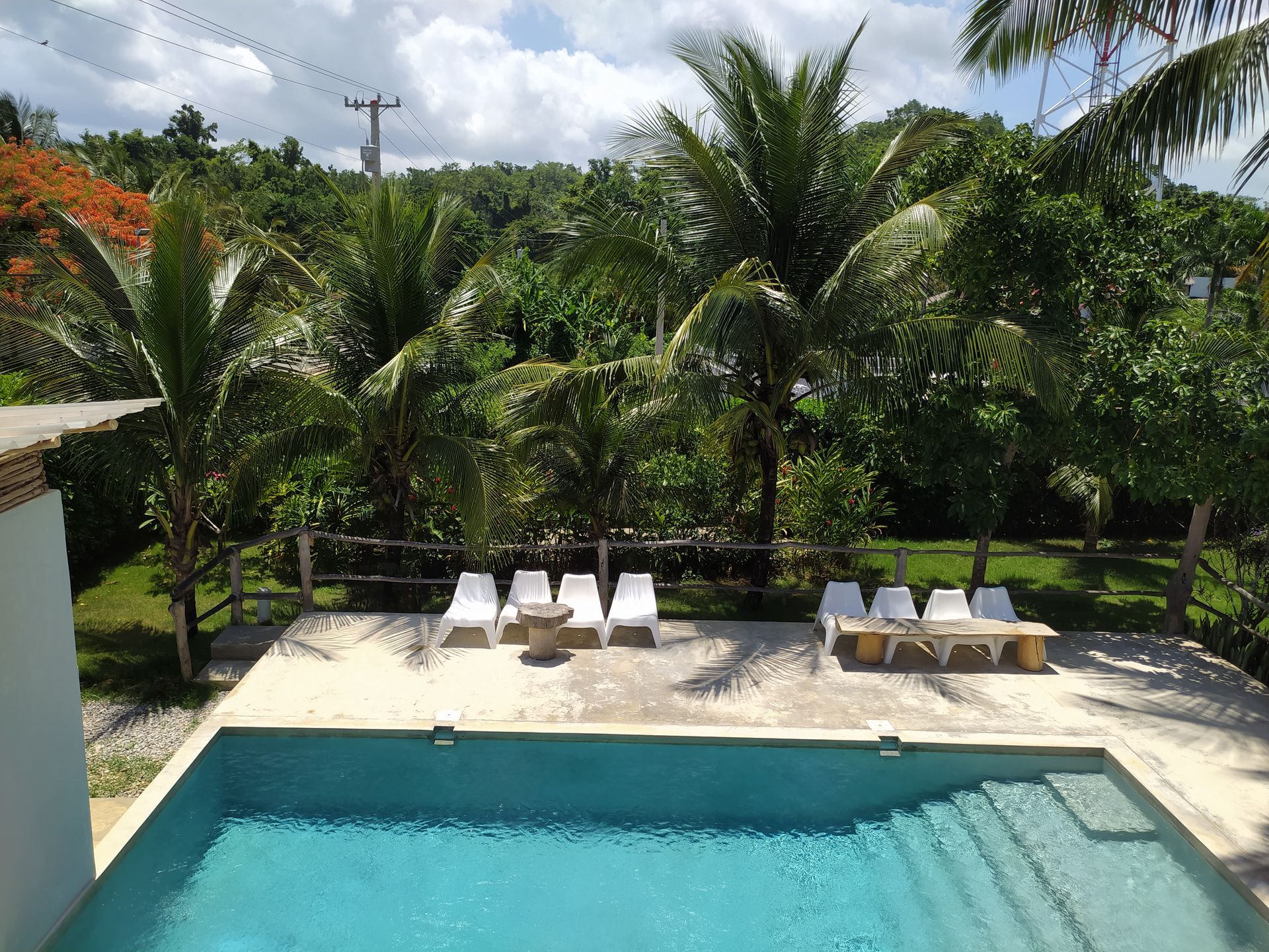 Poolside scene with pool, lounge chairs, and lush tropical greenery.