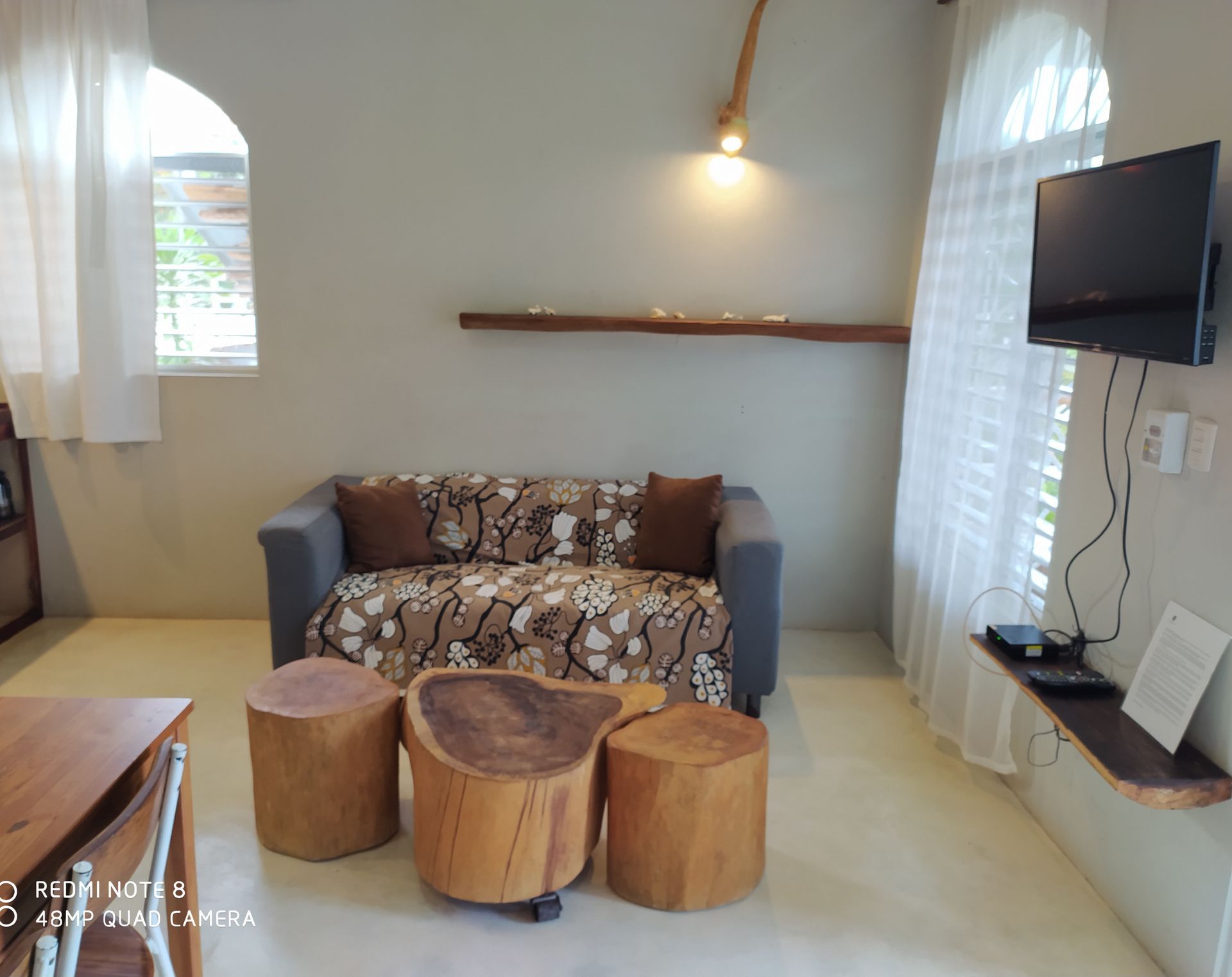 Living room with couch, wooden tables, TV, and arched windows.