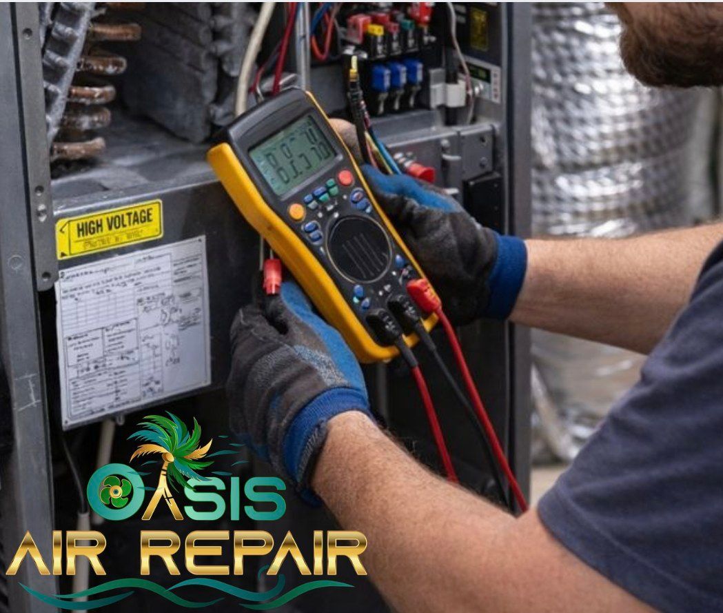 A technician wearing work gloves uses a digital multimeter to test electrical components inside an HVAC unit.
