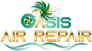 Oasis Air Repair logo with a palm tree, a fan icon, and gold text over a teal wave.