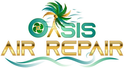 Oasis Air Repair logo with a palm tree, a fan icon, and gold text over a teal wave.