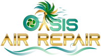 Oasis Air Repair logo with a palm tree, a fan icon, and gold text over a teal wave.