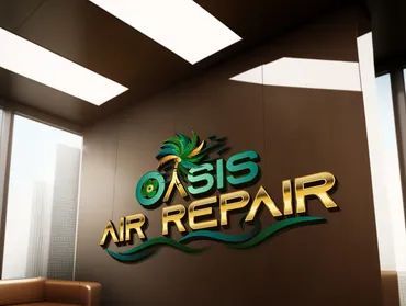 3D logo for Oasis Air Repair in gold and teal on a brown office wall, featuring a stylized palm tree icon.
