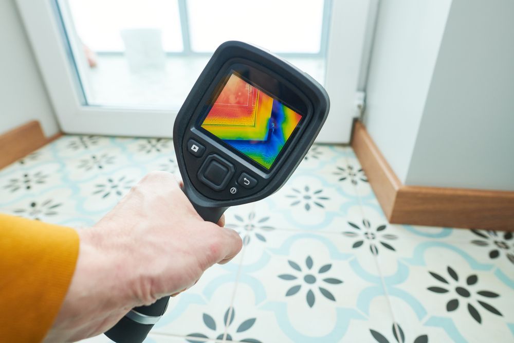 A hand holds a thermal imaging camera directed at a window corner, displaying a heat map of temperature variations.