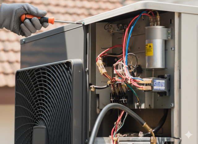 Gloved hand using screwdriver on open air conditioner unit with exposed wires and components.