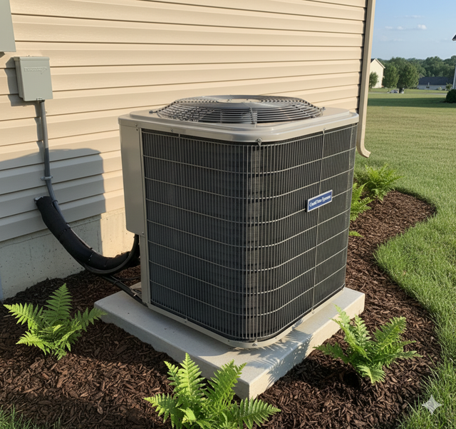 An air conditioning unit on a concrete base, surrounded by mulch and plants, next to a beige house.