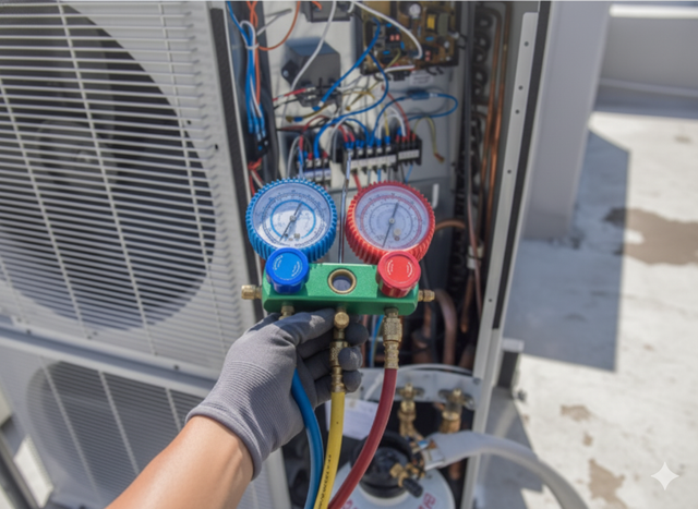 A technician using gauges to service an air conditioning unit on a rooftop.
