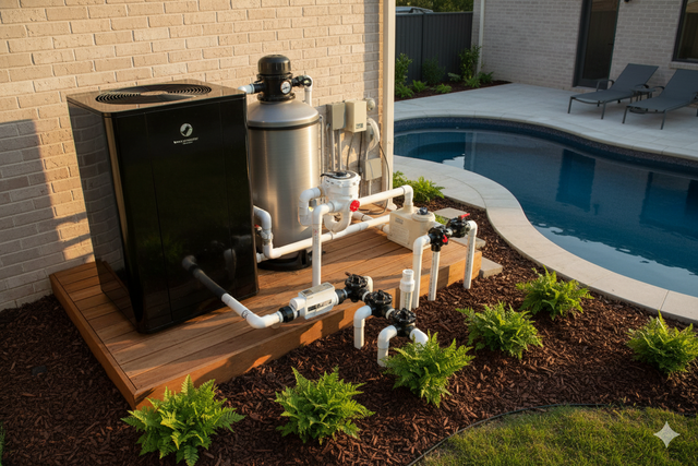 Pool equipment: black heater, silver filter, white pipes near a pool.