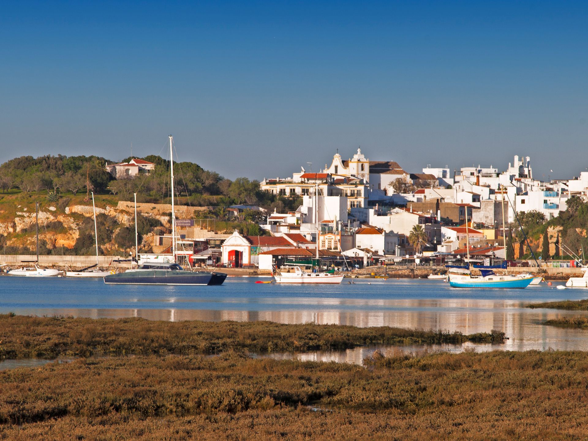 Coastal town with white buildings, boats in the water, and marshy foreground under a blue sky.