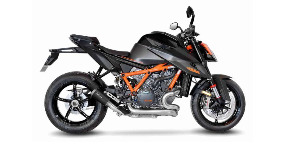 A black and orange motorcycle on a white background.