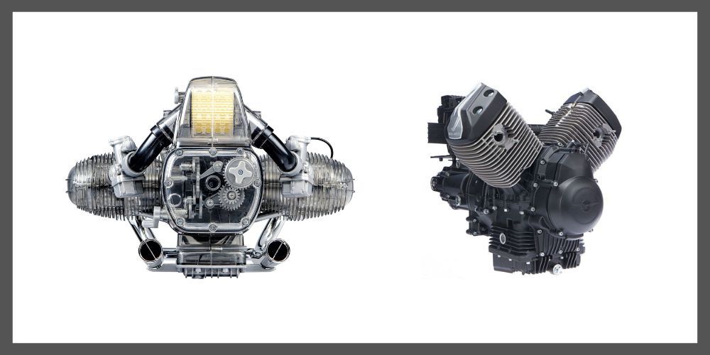 Two motorcycle engines: a silver flat-twin boxer engine on the left and a black V-twin engine on the right.