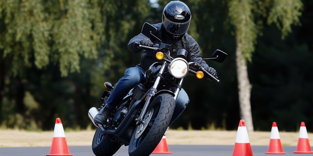 A man is riding a motorcycle on a road surrounded by traffic cones.