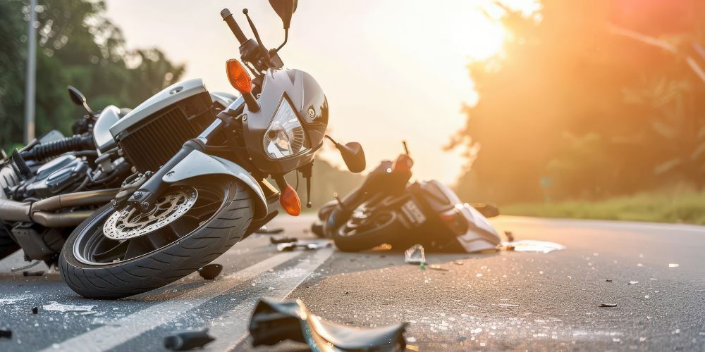 A motorcycle and a person are involved in a motorcycle accident on the road.