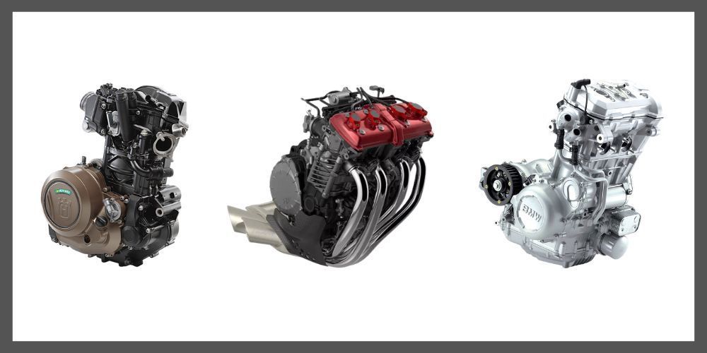 Three motorcycle engines side by side: a dark metallic one, a black one with red valve covers, and a silver one.