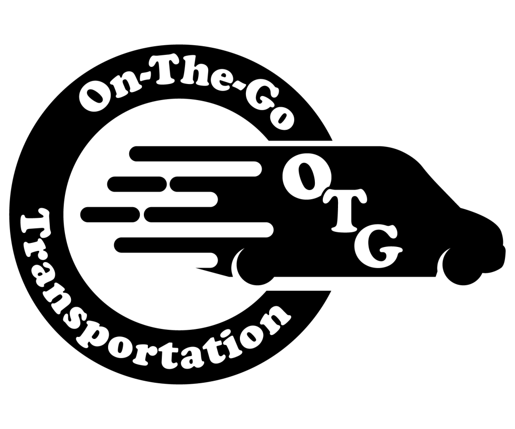 A black and white logo for on the go transportation with a van in a circle.