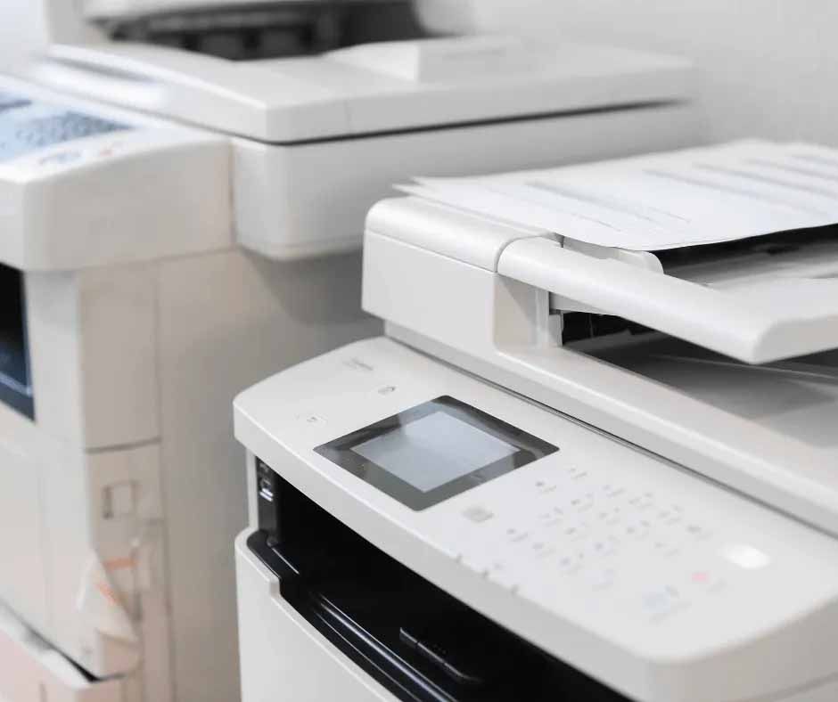 A group of printers next to each other, managed by a print services provider