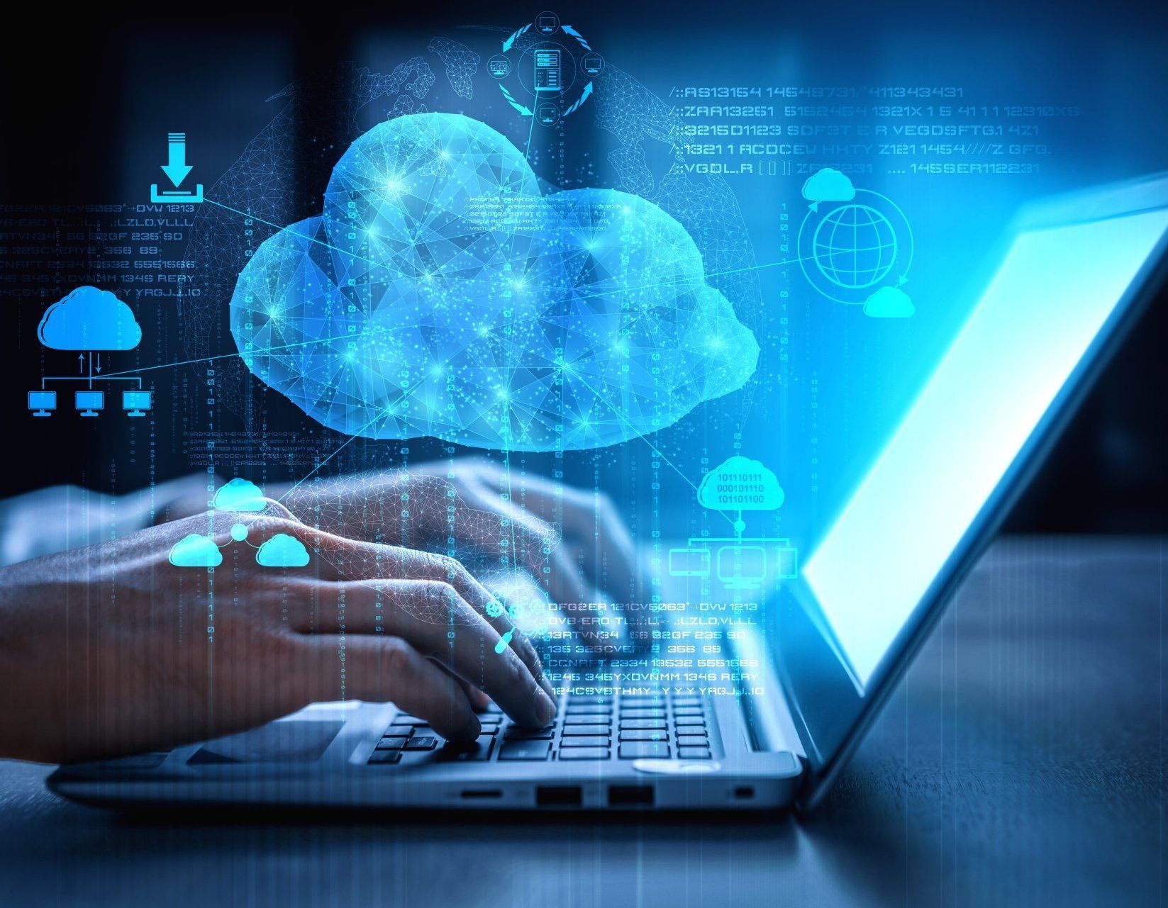 A person using managed IT solutions, typing on a laptop with a cloud in the background.