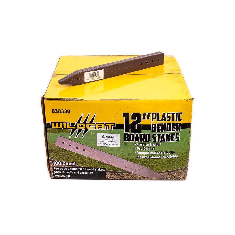 A box of 12 inch plastic bender board stakes