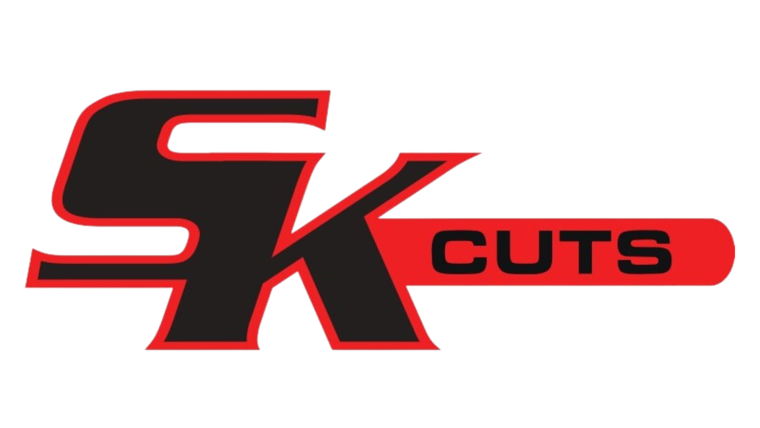 A black and red logo for sk cuts