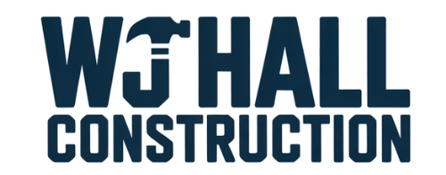 Logo for WJ Hall Construction, with a hammer integrated into the 