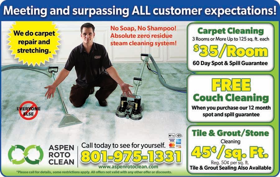 An advertisement for carpet repair and stretching with a man kneeling on the floor