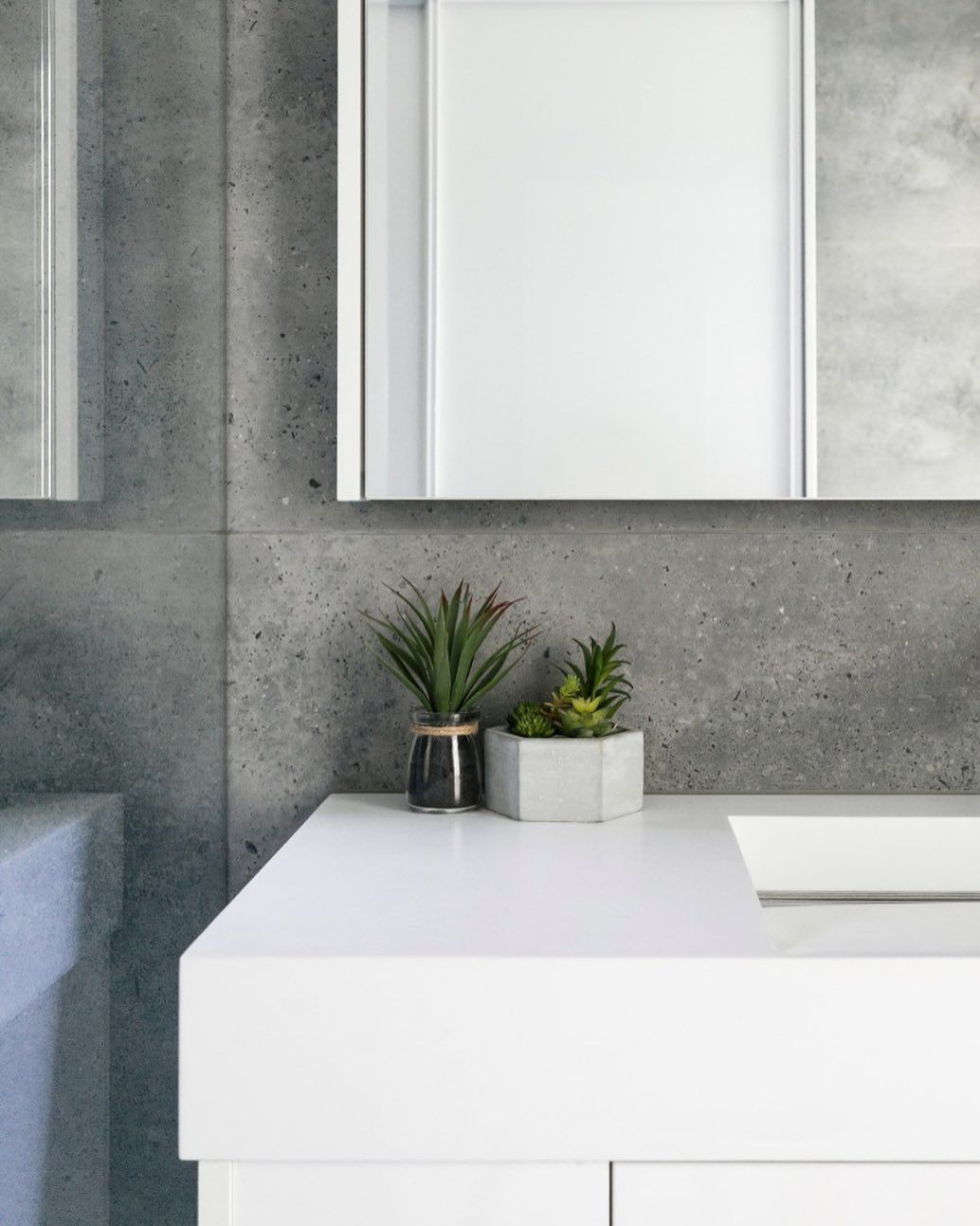 A bathroom with a sink , mirror and two potted plants on the counter.