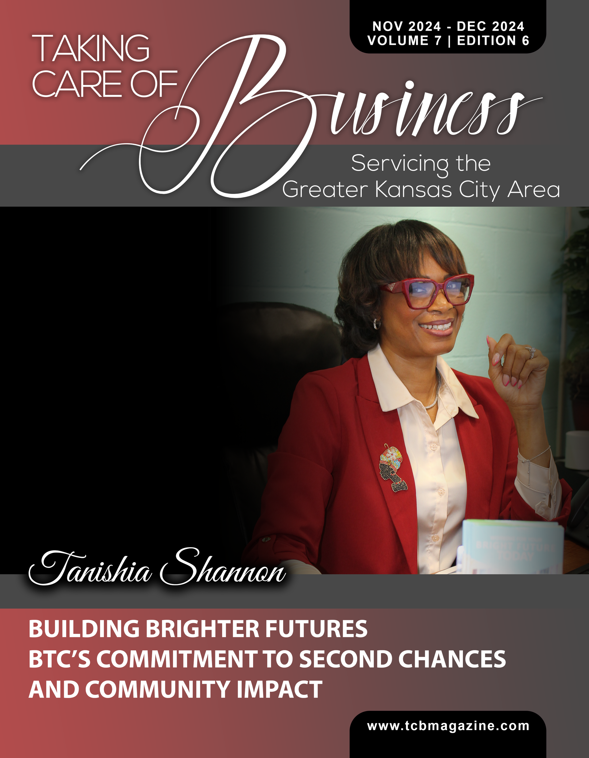 Magazine cover featuring a woman in a red blazer, smiling; headline: 