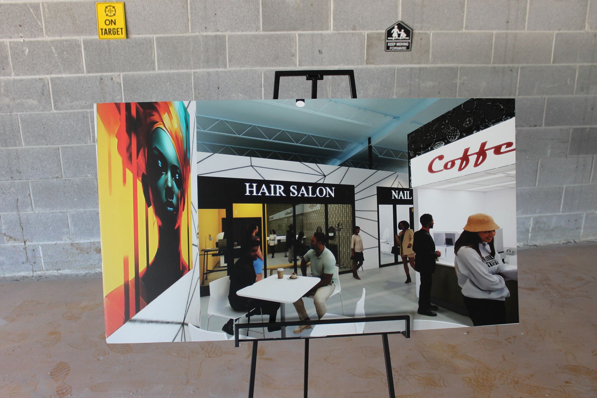 A picture of a hair salon is on an easel