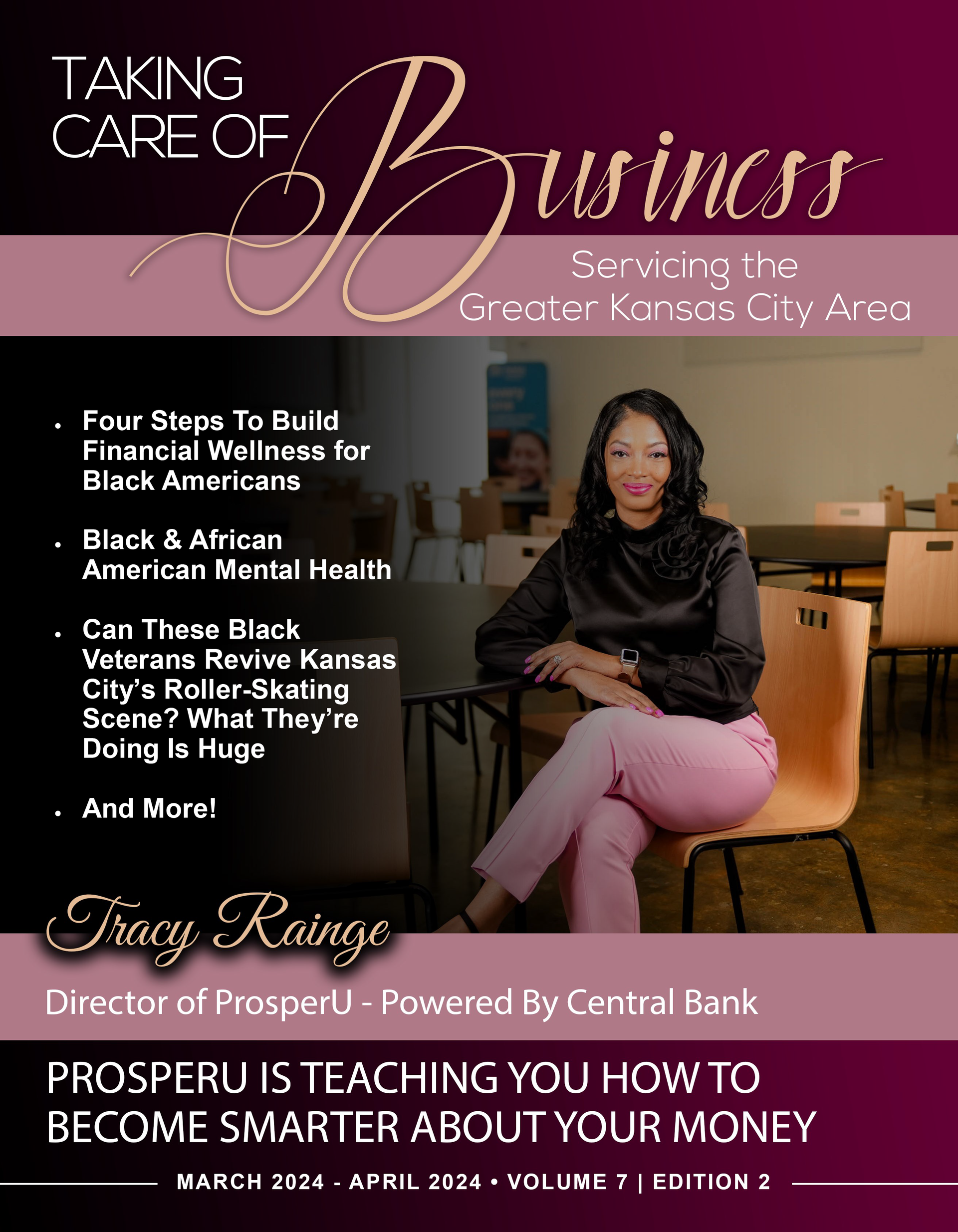 Magazine cover: Woman in pink pants, black shirt,  