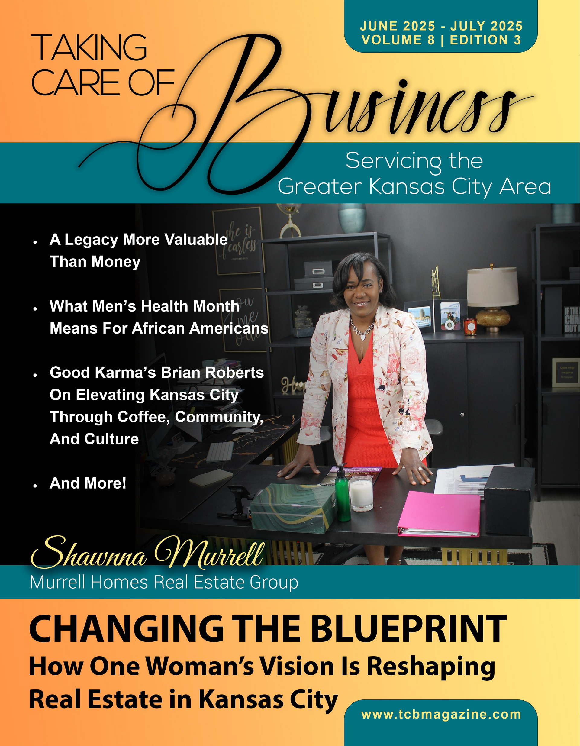 Magazine cover: Businesswoman in a red top, black pants, posing in a room; title 