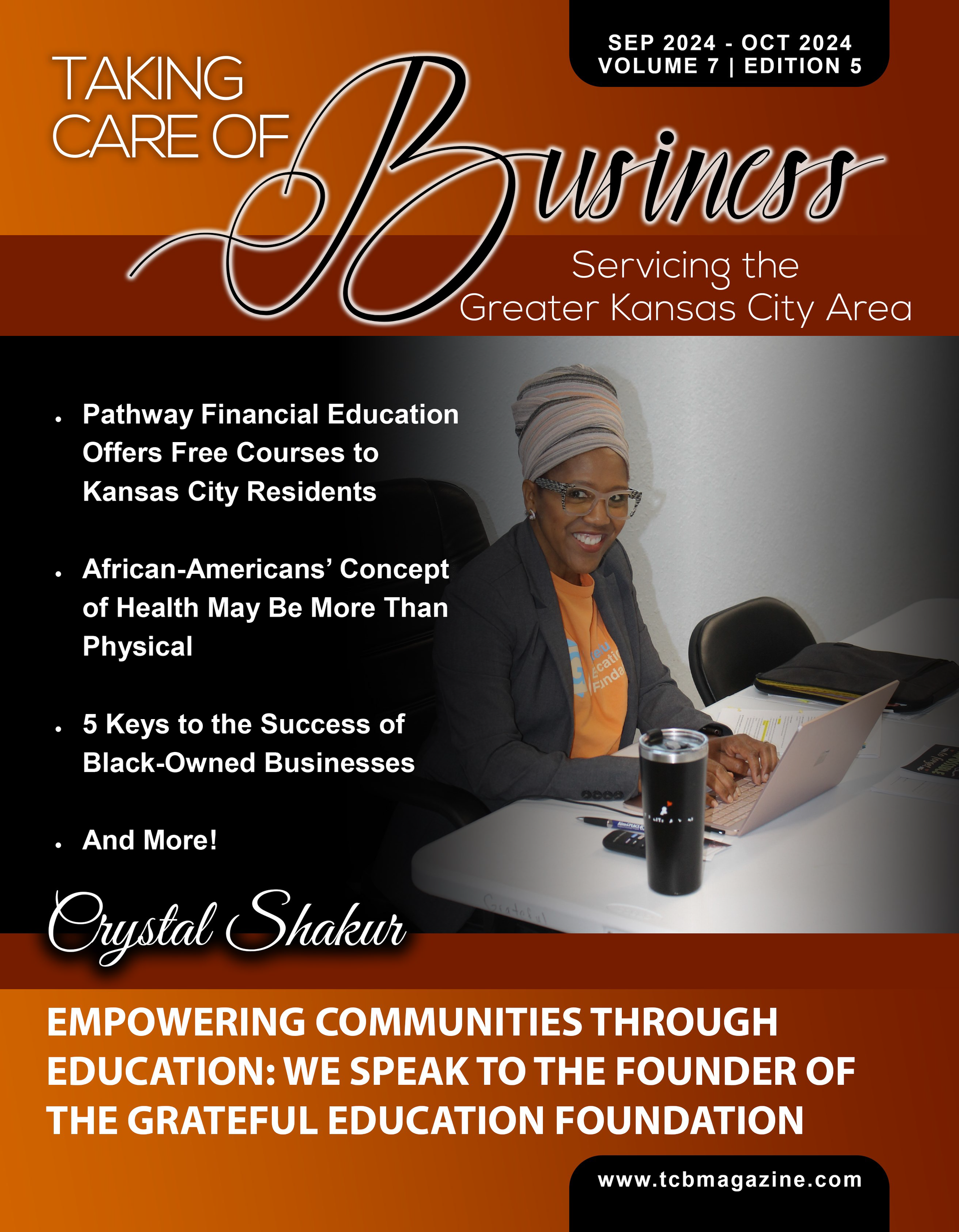 Magazine cover featuring a woman at a laptop. Headline: Taking Care of Business. Topics include financial education, health, and black-owned businesses.