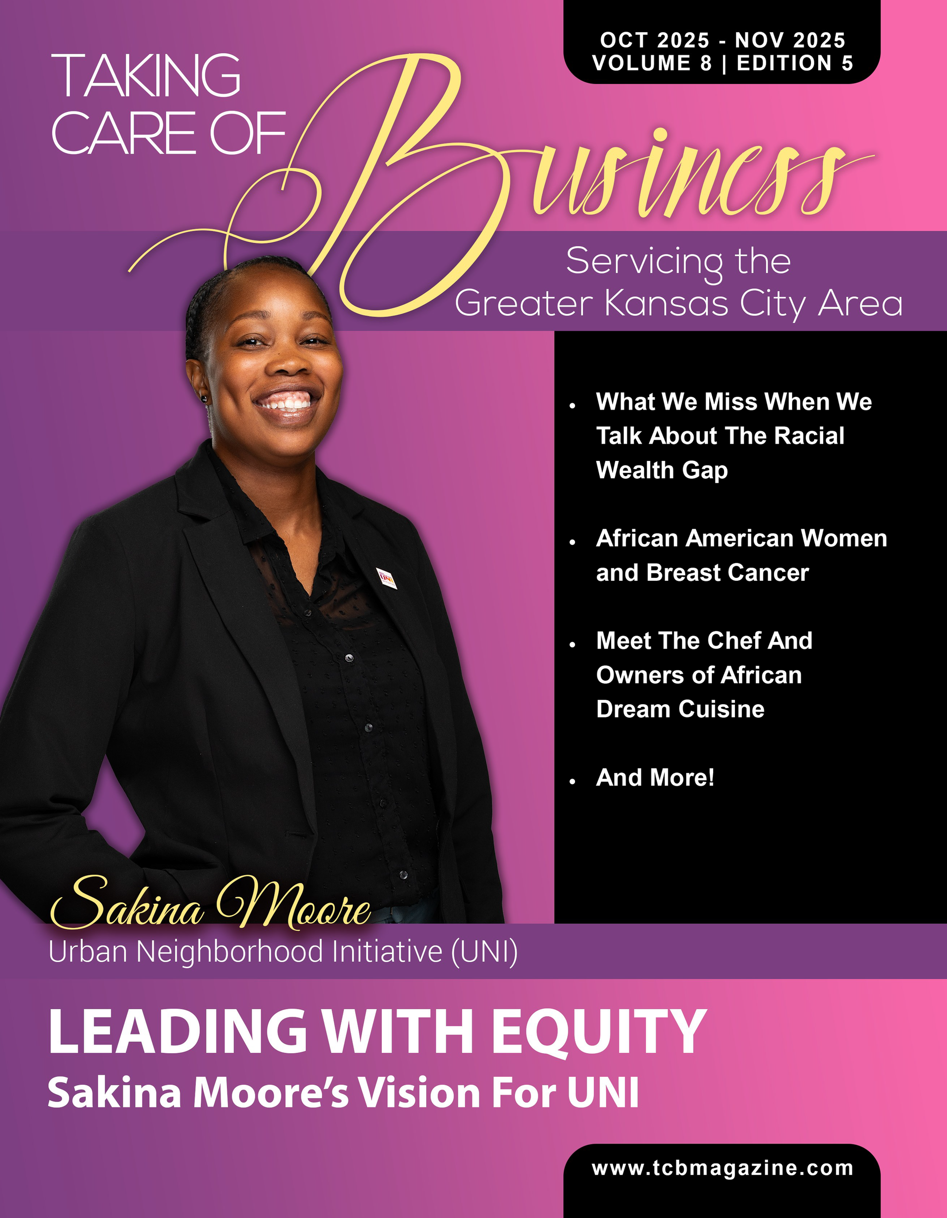 Magazine cover featuring Sakina Moore. Headlines address racial wealth gap, cancer, and equity in Kansas City area.