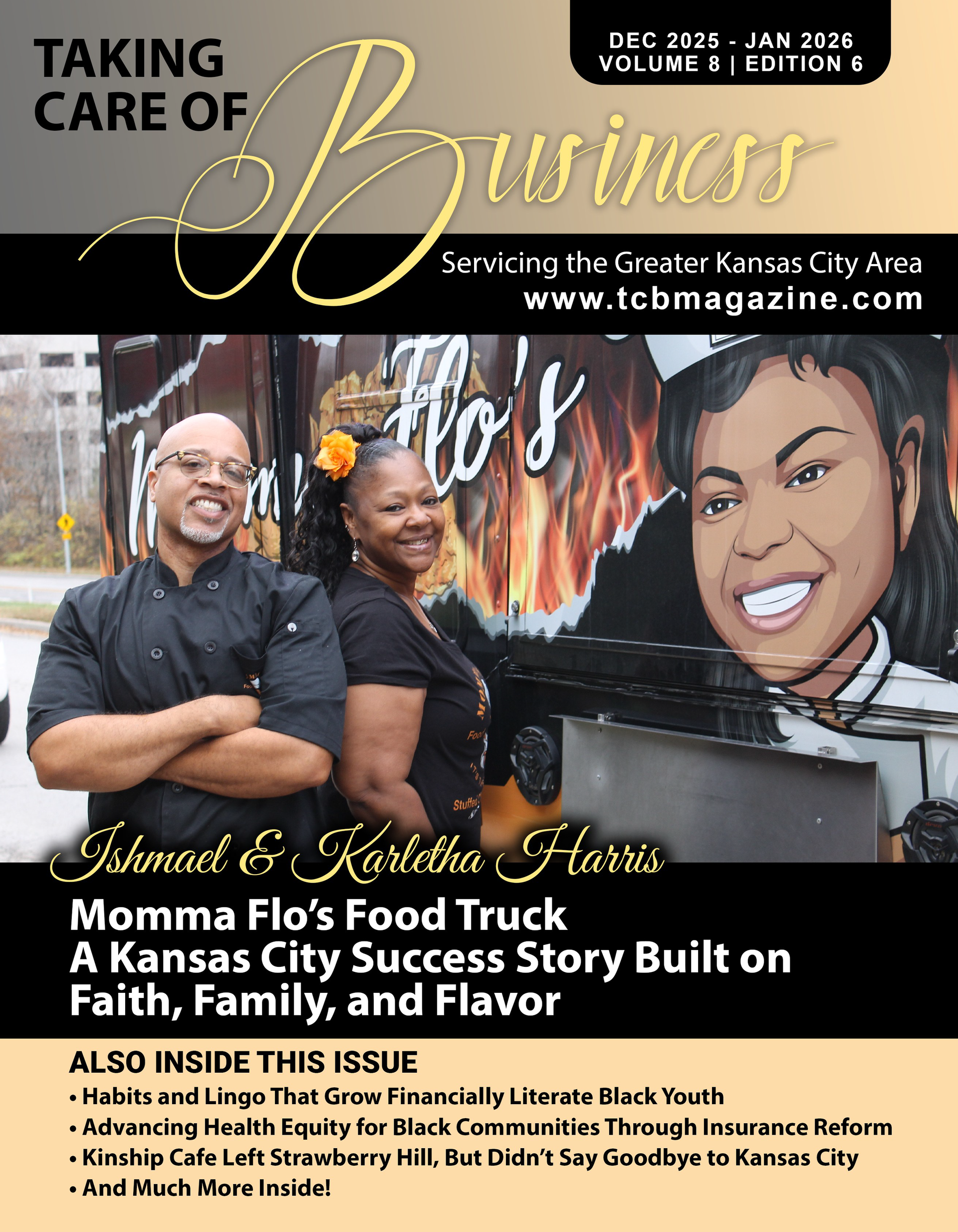 Magazine cover featuring a food truck, two people, and a cartoon face. Text reads 