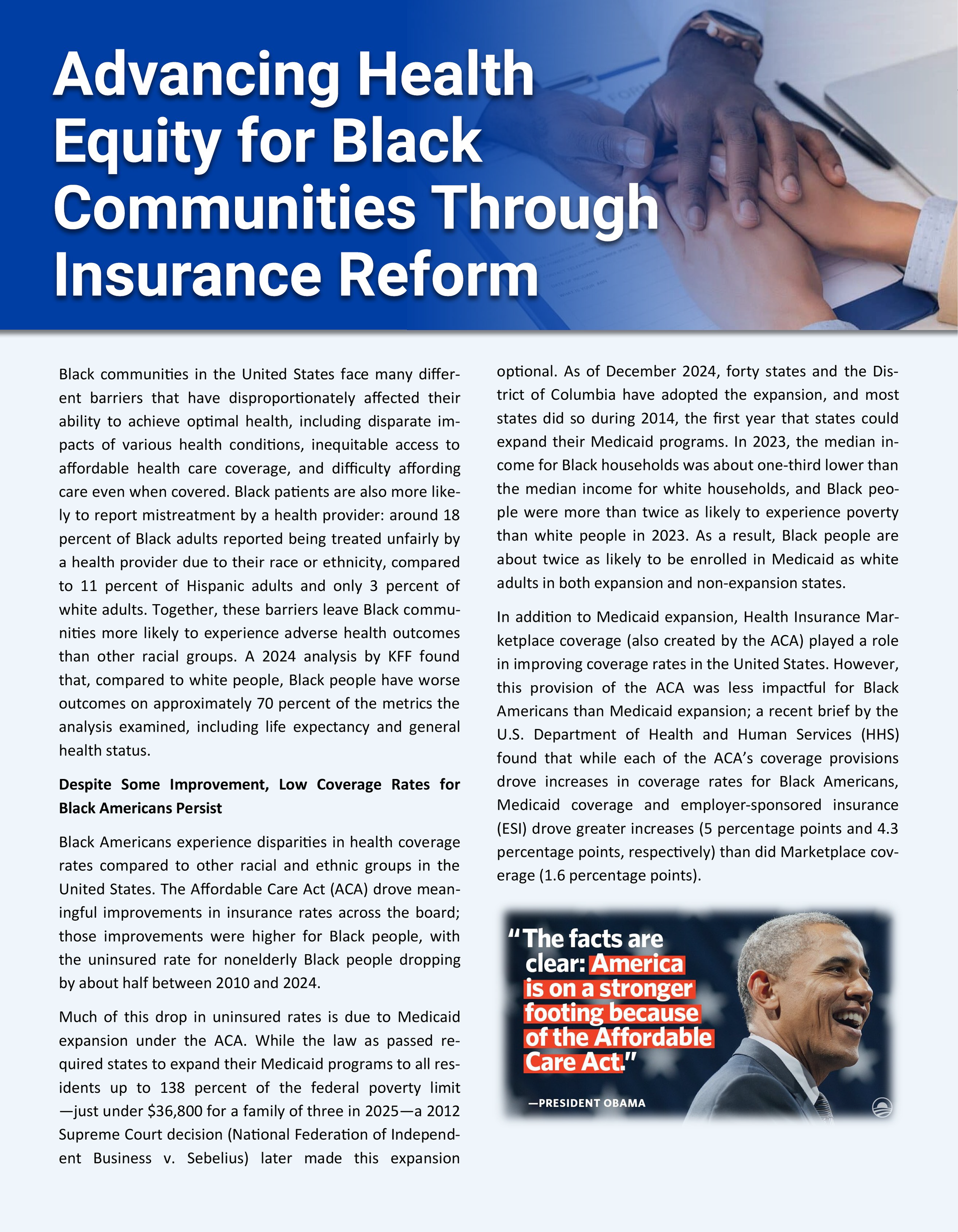 Text and photo about health equity. Hands joined; Obama quote.