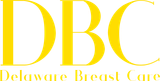 The logo for delaware breast care is yellow and white.