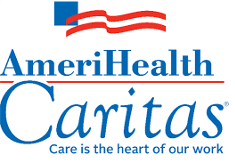 A logo for amerihealth caritas that says care is the heart of our work