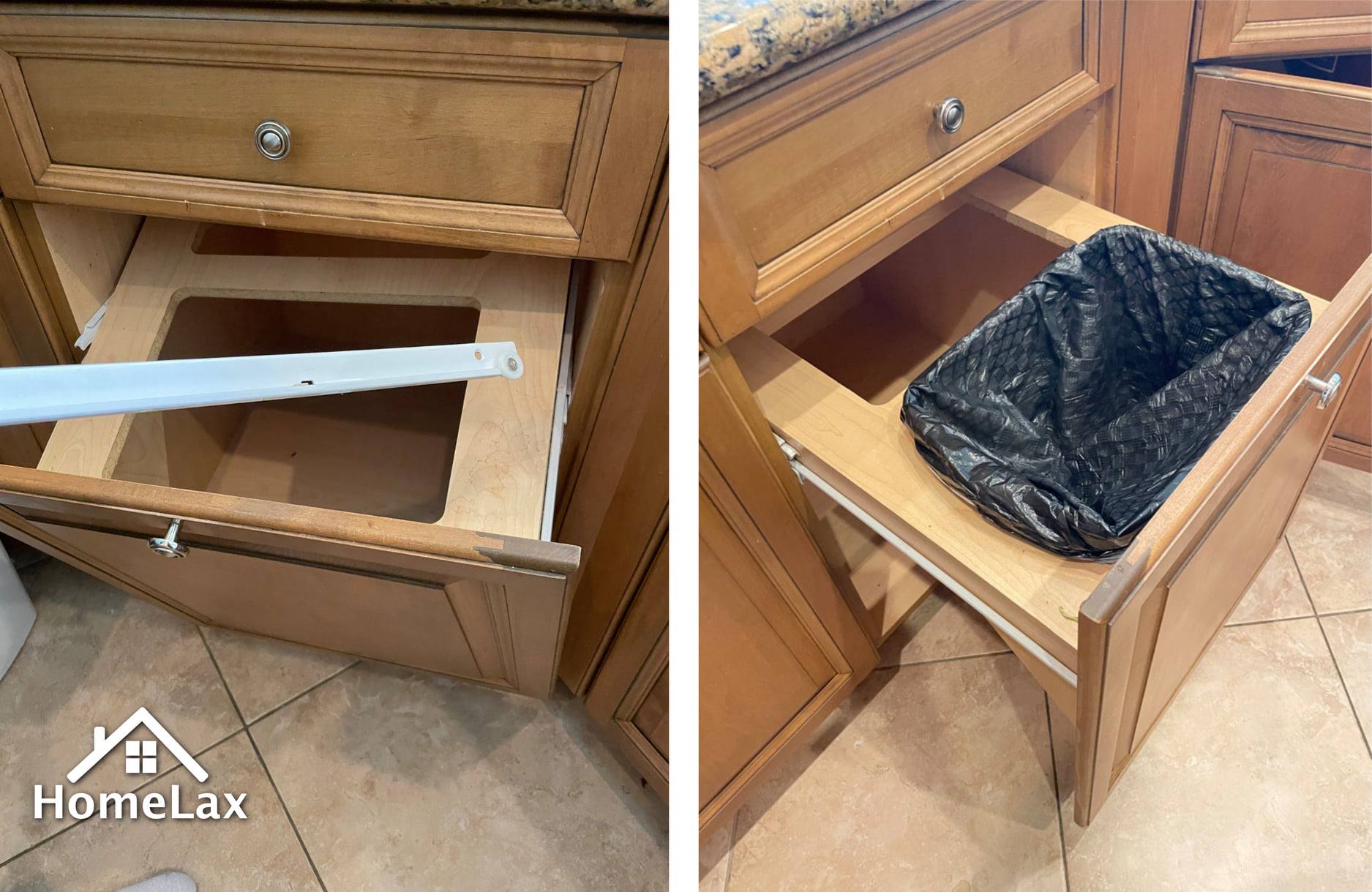 A trash can is pulled out of a drawer in a kitchen.