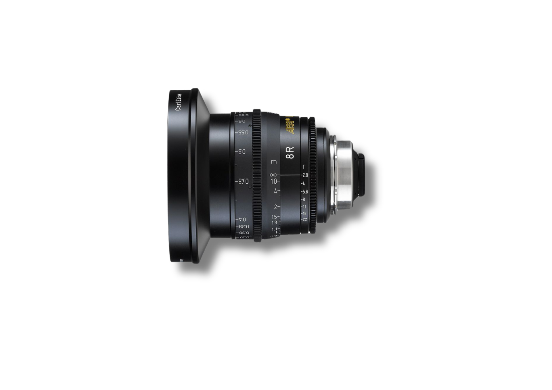 Nine black Carl Zeiss Ultra Prime camera lenses on a white background.