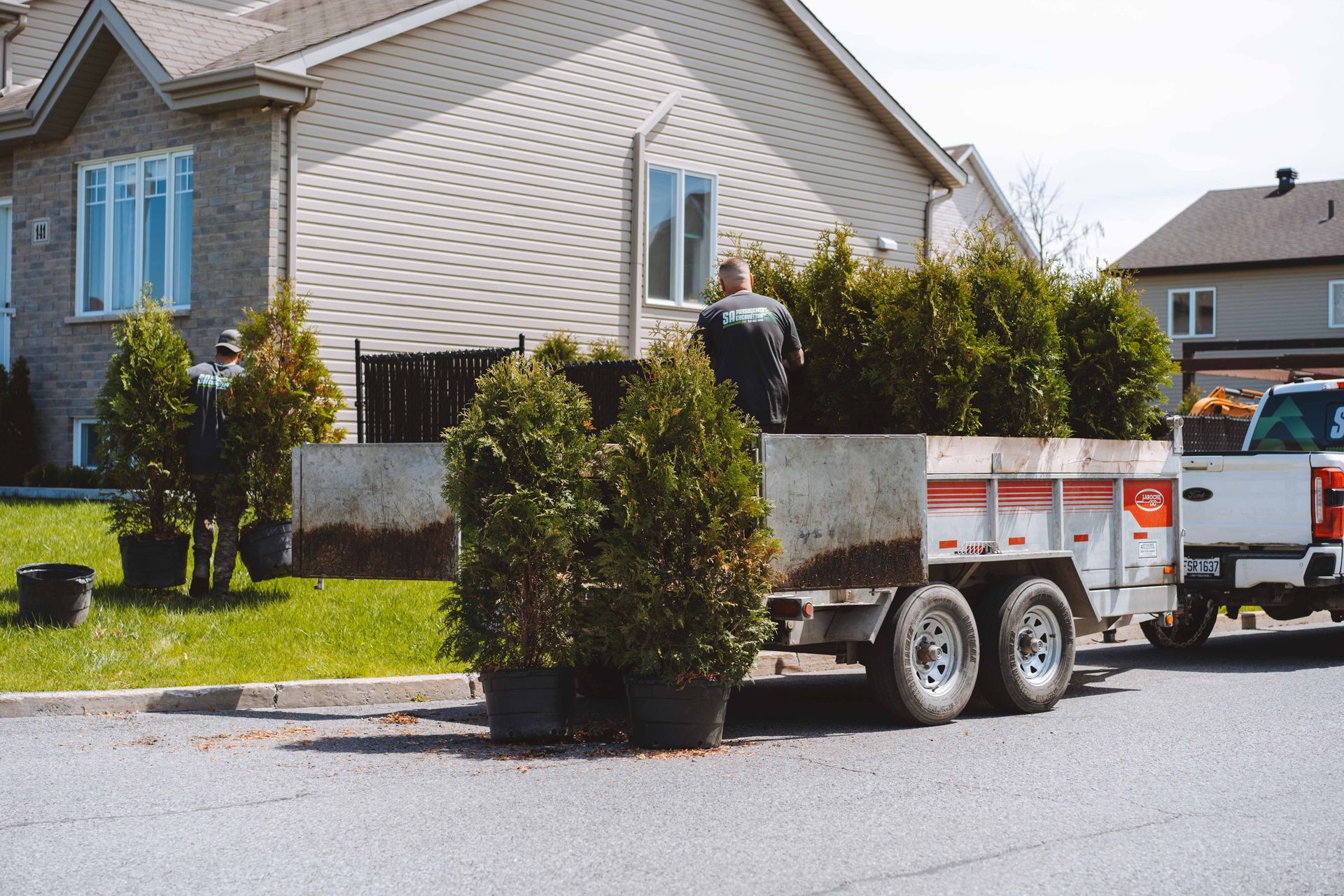 Une personne charge des conifères dans une remorque devant une maison.