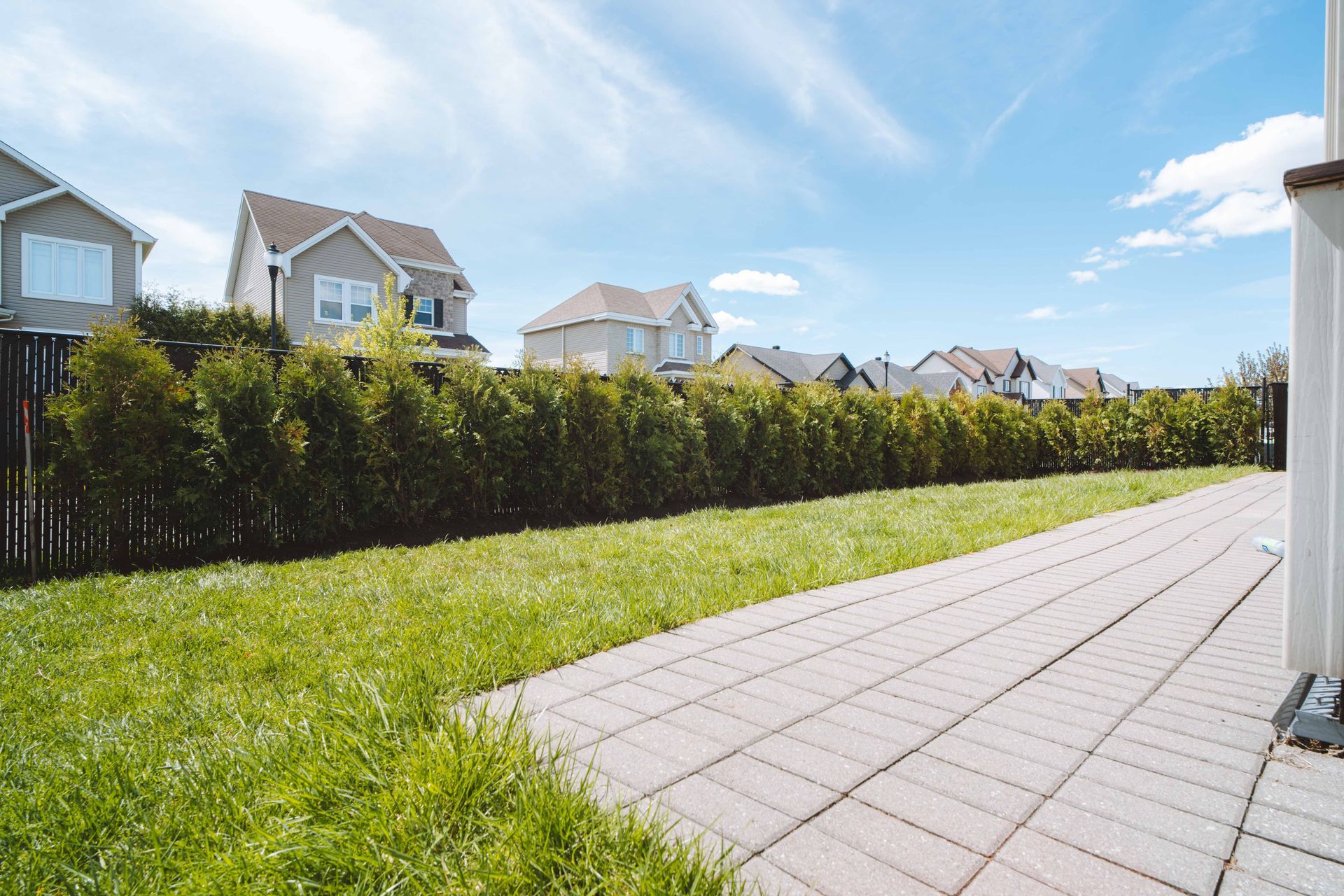 Cour verte avec un chemin en briques, des arbres et des maisons sous un ciel bleu vif.