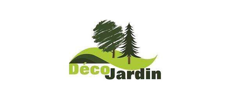 Logo de DécoJardin : paysage verdoyant avec arbres, et texte.