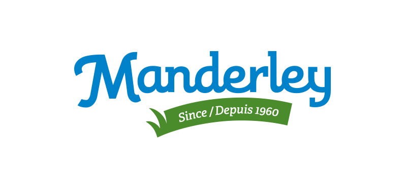 Logo pour la marque Manderley, texte en script bleu, bannière verte en dessous avec texte, sur fond blanc.